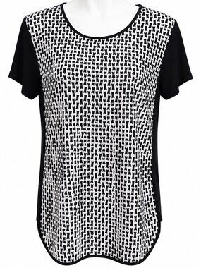 S/P Women's Black White Geometric Print Short Sleeve Tunic Blouse Casual Top